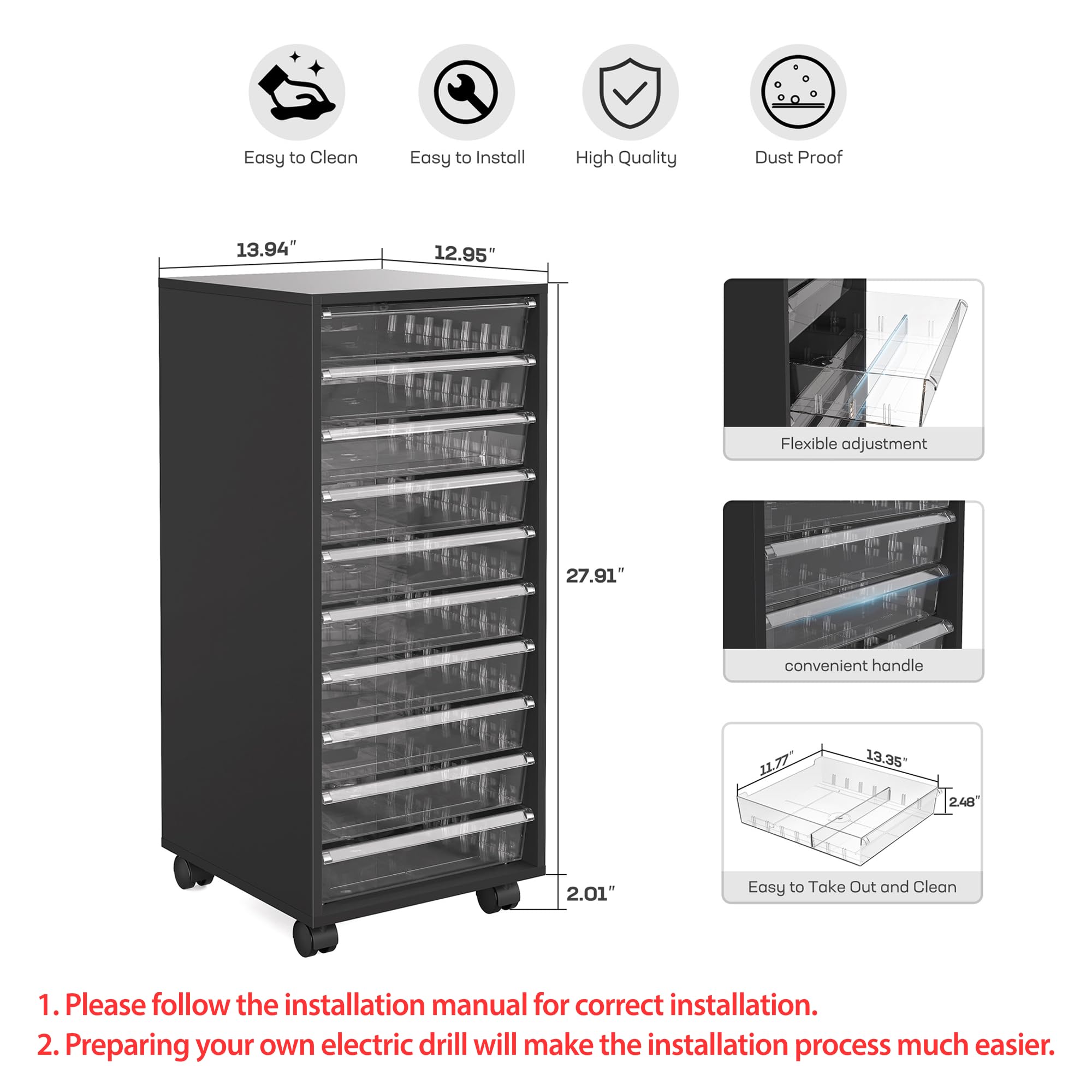 WOPITUES Storage Drawer Cart, Mobile Storage Cabinet, Makeup Storage with 10 Large Clear Drawers, Utility Wooden Rolling Cart on Wheels, for Cosmetic, Art Craft, Office Supplies, Toy, White