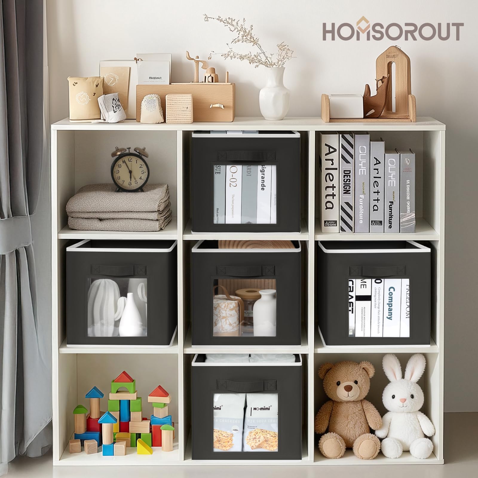 Homsorout Storage Cube 11 Inch - Cube Storage Bins with Window, Closet Storage Baskets with Handle, Fabric Bins for Closet, Shelves, Toys, Clothes, Set of 6, Grey
