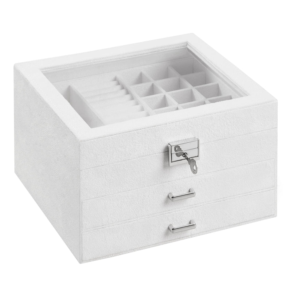 SONGMICS 3-Tier Jewelry Box, Travel Jewelry Case with Handle, 2 Drawers, Lockable Jewelry Organizer with Mirror, Jewelry Storage, Modern Style, Gift for Loved Ones, White UJBC154W01