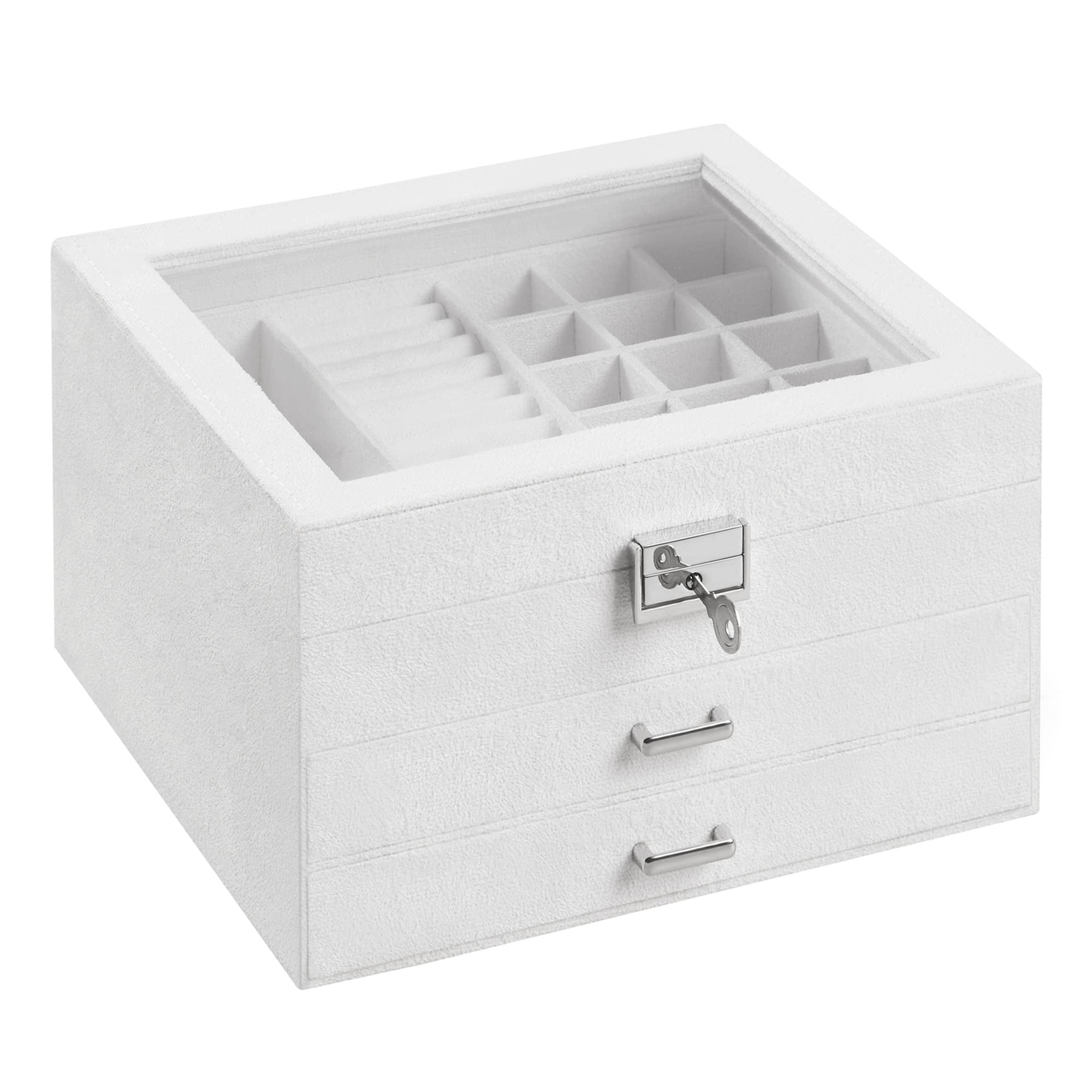 SONGMICS 3-Tier Jewelry Box, Travel Jewelry Case with Handle, 2 Drawers, Lockable Jewelry Organizer with Mirror, Jewelry Storage, Modern Style, Gift for Loved Ones, White UJBC154W01