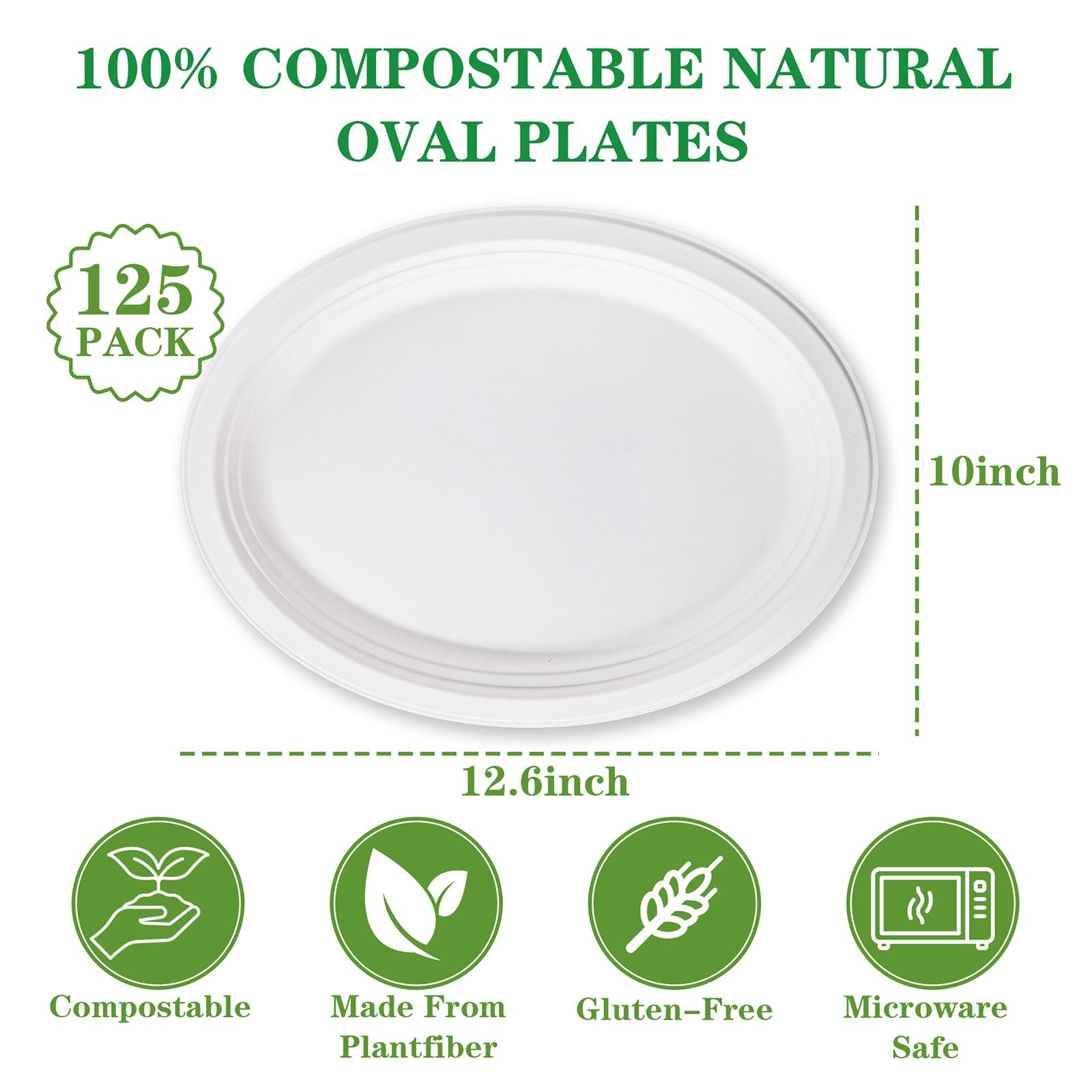 DaYammi 100% Compostable Oval Paper Plates 12 Inch, 60-Pack Heavy Duty Paper Plates Bulk,Biodegradable Bagasse,Eco-Friendly Disposable Dinner Plate for BBQ,Picnic,Party (BPI Certified,Microwaveable)