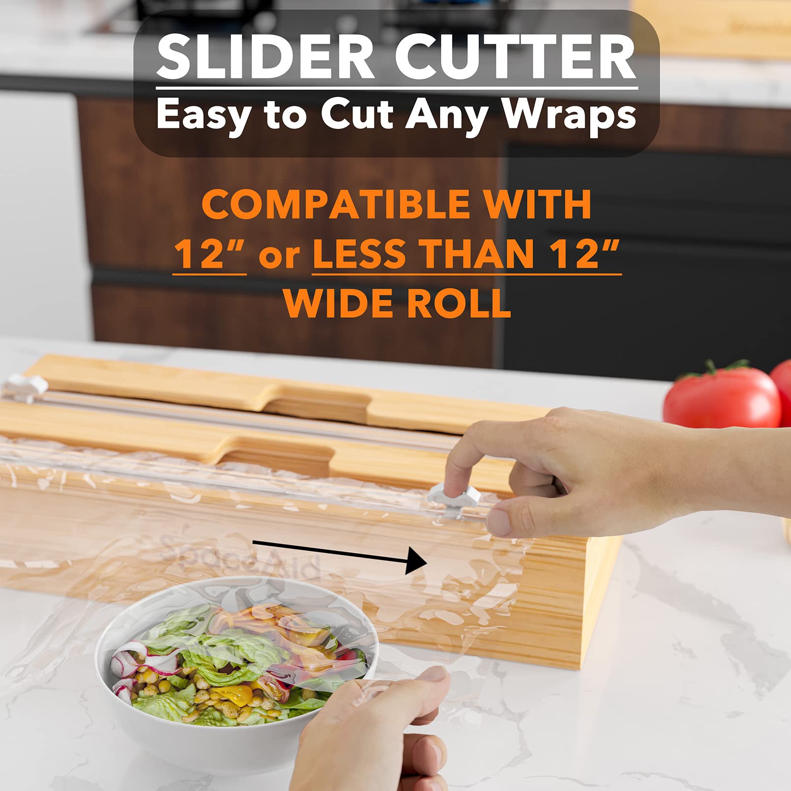 SpaceAid WrapNeat 3 in 1 Wrap Organizer with Cutter and Labels, Plastic Wrap, Aluminum Foil and Wax Bamboo Dispenser for Kitchen Storage Organization Holder for 12" Roll (Natural)