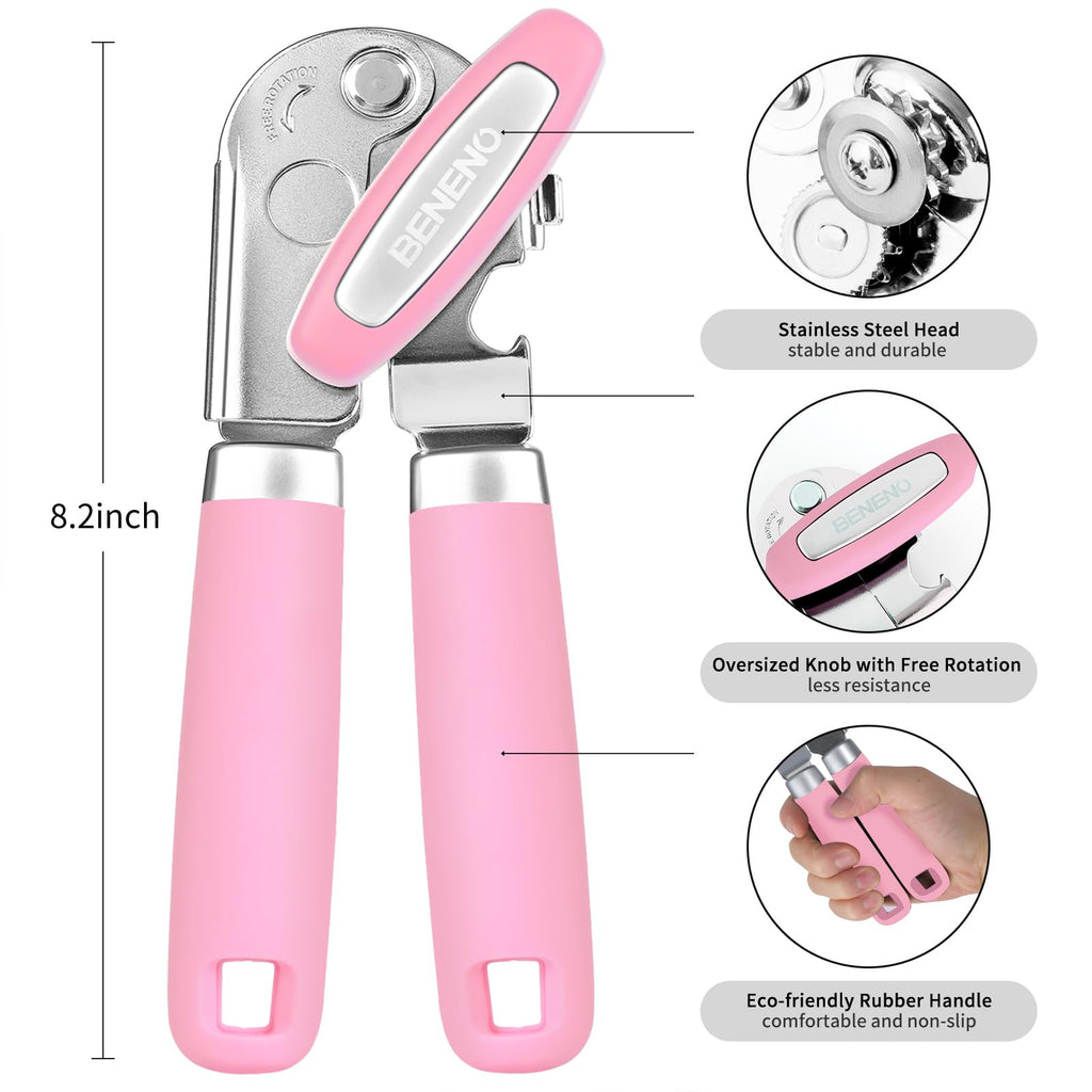 Beneno Heavy Duty Hand Can Opener Manual with Magnet, Durable Sharp Carbon Steel Blade Smooth Cutting, Big Effort-Saving Knob & Soft Grip Handle, Multifunctional Kitchen Tool with Bottle Opener, Green