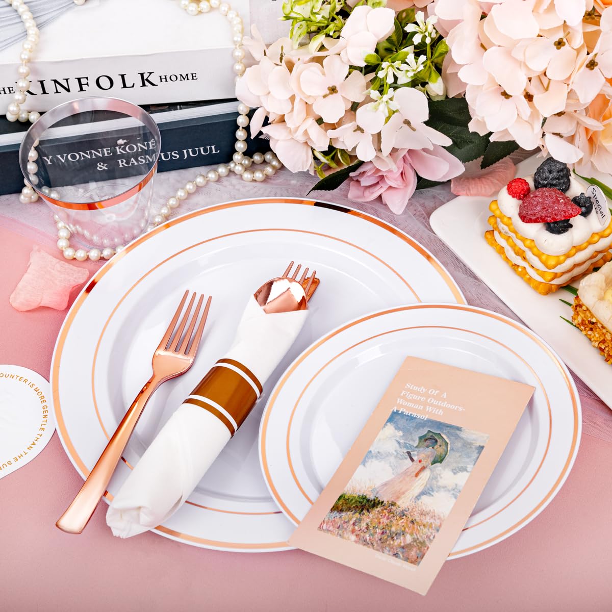 DaYammi 350PCS Gold Plastic Dinnerware Set for 50 Guests, Fancy Disposable Plates for Party, Include: 50 Dinner Plates, 50 Dessert Plates, 50 Pre Rolled Napkins with Gold Silverware, 50 Cups