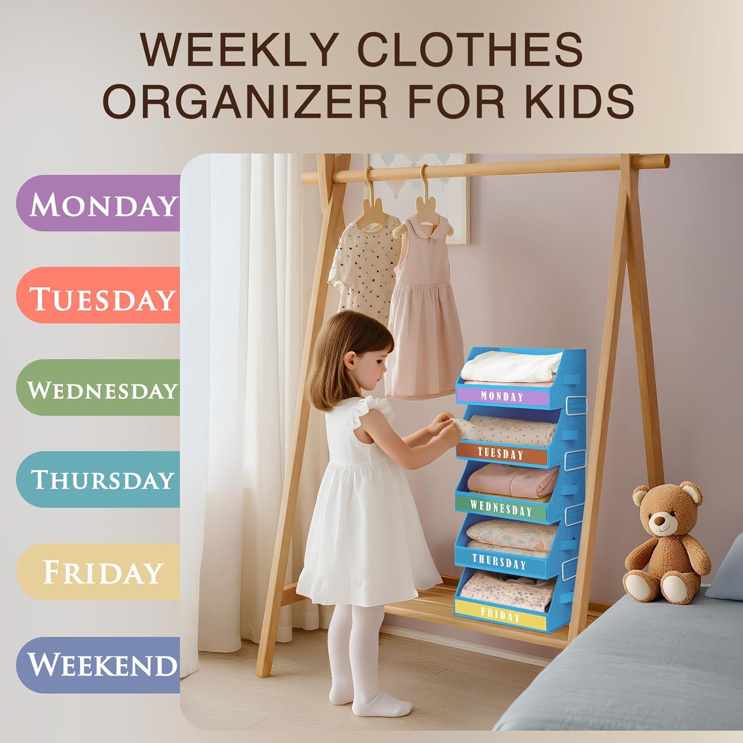 Homsorout Closet Organizers and Storage - 5 Tier Shelf Organizer with Weekly Labels, Stackable Storage Bins with Metal Frame, Pink & Grey