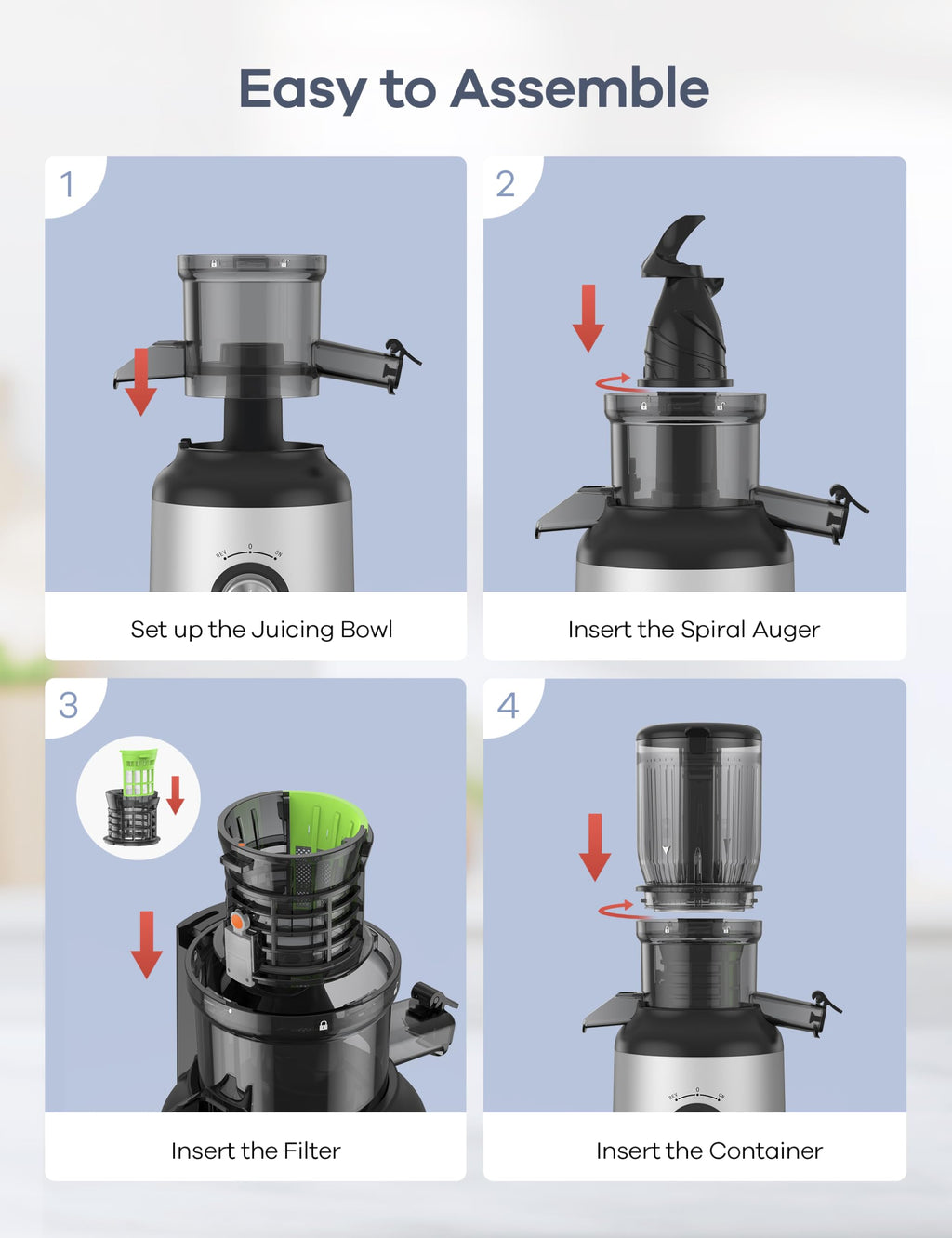 Ganiza Juicer Machines, Slow Masticating Juicers with Large Feed Chute for Whole Fruits & Vegetables, Cold Press Juicer with 3 Replace Filters for Batch Juicing, Easy to Clean, BPA Free(Silver)