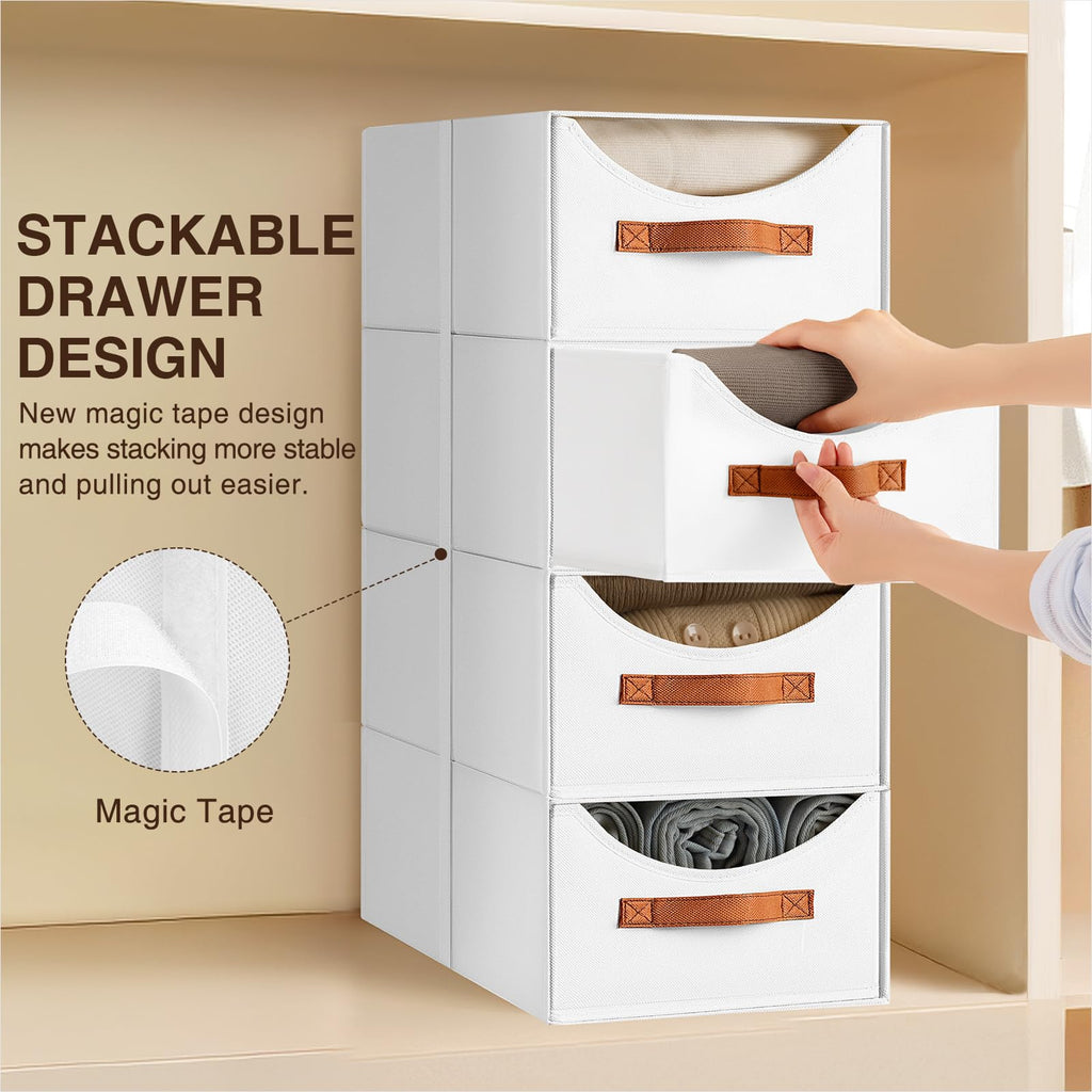 Homsorout Stackable Storage Drawers - Collapsible Storage Bins with Drawers, 4 Pack Closet Shelf Organizer Basket, Fabric Pull Out Organizer for Bedroom, Living Room, Dorm, Beige