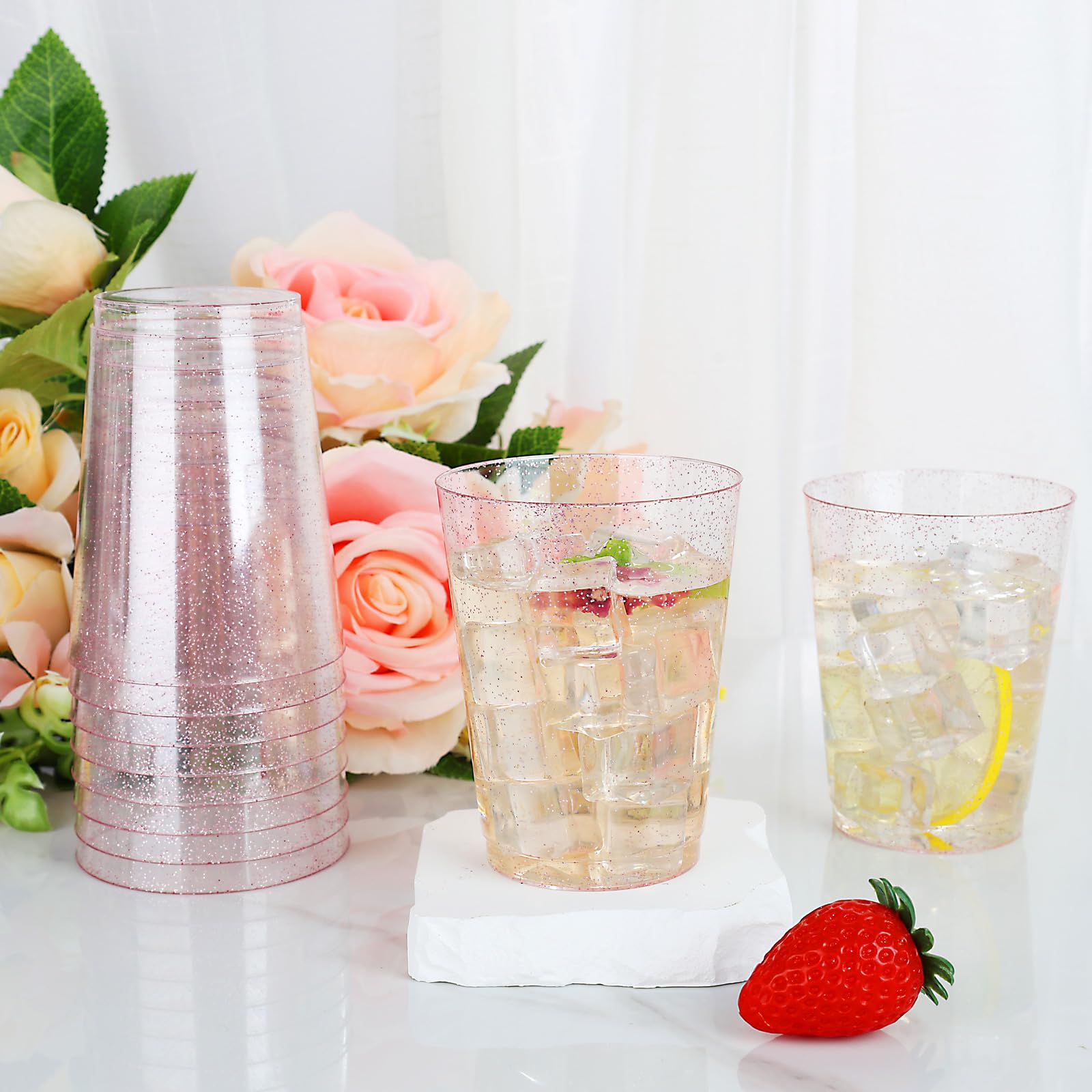 DaYammi 200 Pack Gold Plastic Cups 10 Oz Clear Cup Gold Rimmed Disposable Wine Glasses Fancy Disposable Party Cups Tumblers Drinking Cup Plastic Cocktail Glasses gold disposable cups for Party Wedding