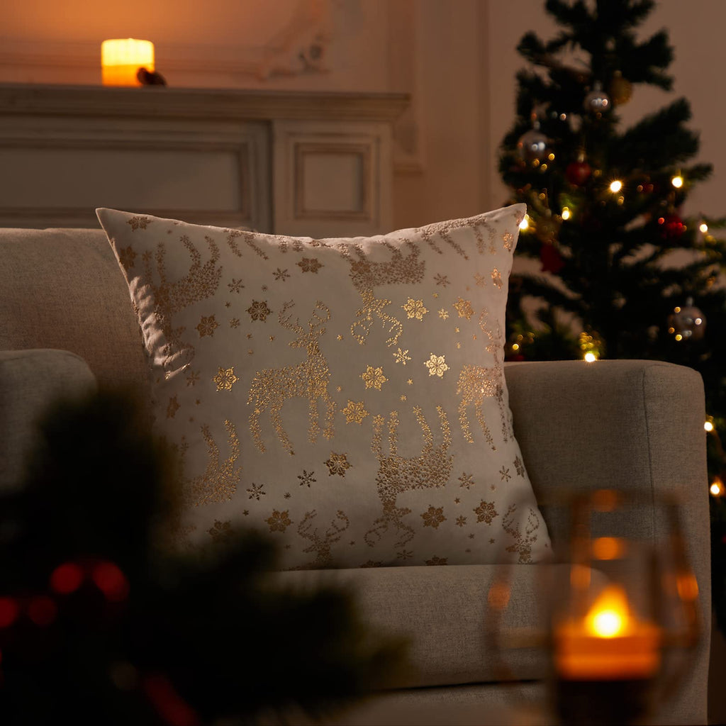 Topfinel Christmas Pillow Covers 18x18 Set of 2,Xmas Cream Velvet Snowflake Reindeer Decorative Pillow Case Winter Holiday Decor for Home Couch,White and Gold