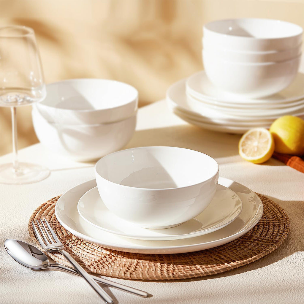 KINGSTONE 12-Piece Bone China Dinnerware Set for 4, Lightweight and Durable, Microwave and Dishwasher Safe, White Plates and Bowls for Everyday Use