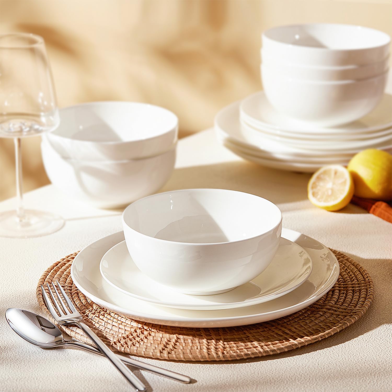 KINGSTONE 12-Piece Bone China Dinnerware Set for 4, Lightweight and Durable, Microwave and Dishwasher Safe, White Plates and Bowls for Everyday Use