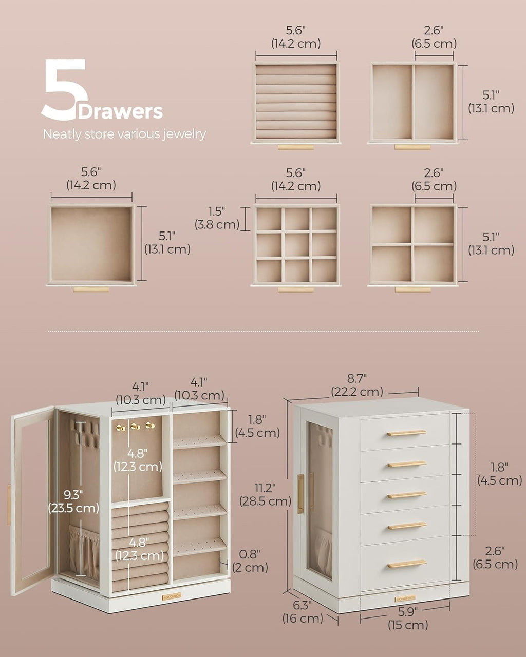 SONGMICS Jewelry Box 360° Rotating, Jewelry Storage Case with 5 Drawers, Jewelry Organizer, Glass Window, Spacious, Vertical Jewelry Storage, Open Design, Great Gift, Cloud White UJBC170W01