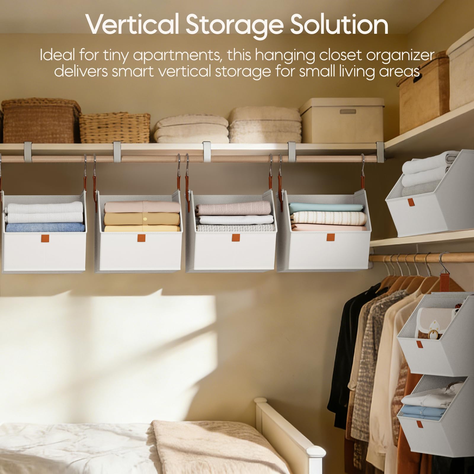 Homsorout Hanging Closet Organizer 4 Tier - Clothes Hanging Shelves, Space-Saving Closet System, Fabric Storage Bins Bedroom Organization, Collapsible Baskets for Home, Dorm, Rv, Beige