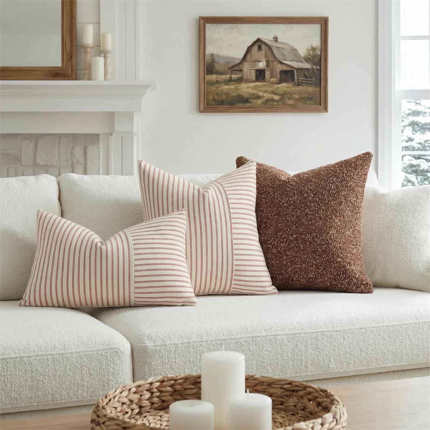 YCOLL Farmhouse Pillow Covers 18x18, Modern Accent Square Throw Pillow Covers Set of 2, Gray and Beige Striped Patchwork Linen Decorative Pillows Cushion Covers for Couch Chair Bedroom Home Decor