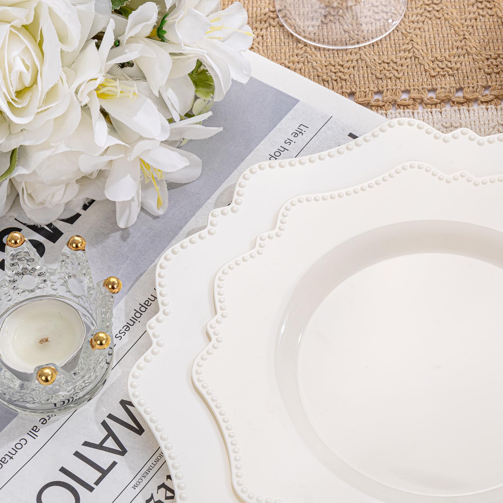 COLOSUS 60PCS White Plastic Plates for 30 guests-Fancy Plastic Beaded Plates,Plastic Plates for Party, Elegant White plates,Include 30 PCS 10.5" Dinner plates & 30PCS 8.25" Dessert plates for easter