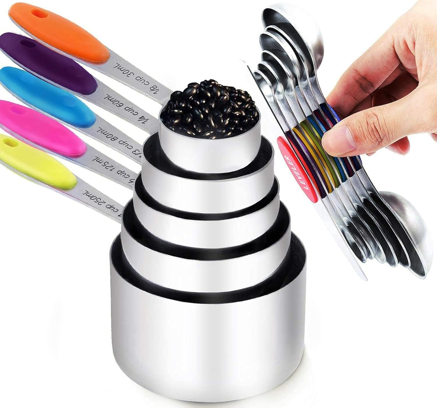 TILUCK measuring cups and magnetic measuring spoons set, stainless steel measuring cups, 6 double-sided stainless steel measuring spoons & 1 leveler (12)