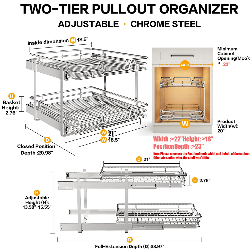 2-Tier Kitchen Cabinet,Pull Out Cabinet Organizer,Shelf and Drawer Organizer Slide Out Pantry Storaqe Basket in Multiple Sizes (12" W x21 D)