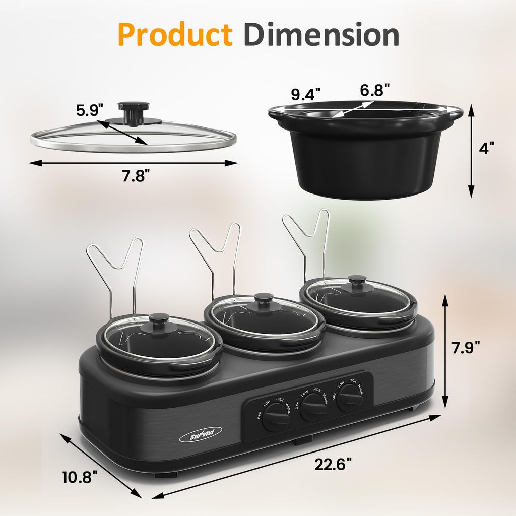 SUNVIVI Triple Slow Cooker, Buffet Food Warmer with 3 x 1.5 QT Removable Ceramic Pots, Buffet Servers and Warmers with Glass Lids and 3 Spoons, Stainless Steel, Blue