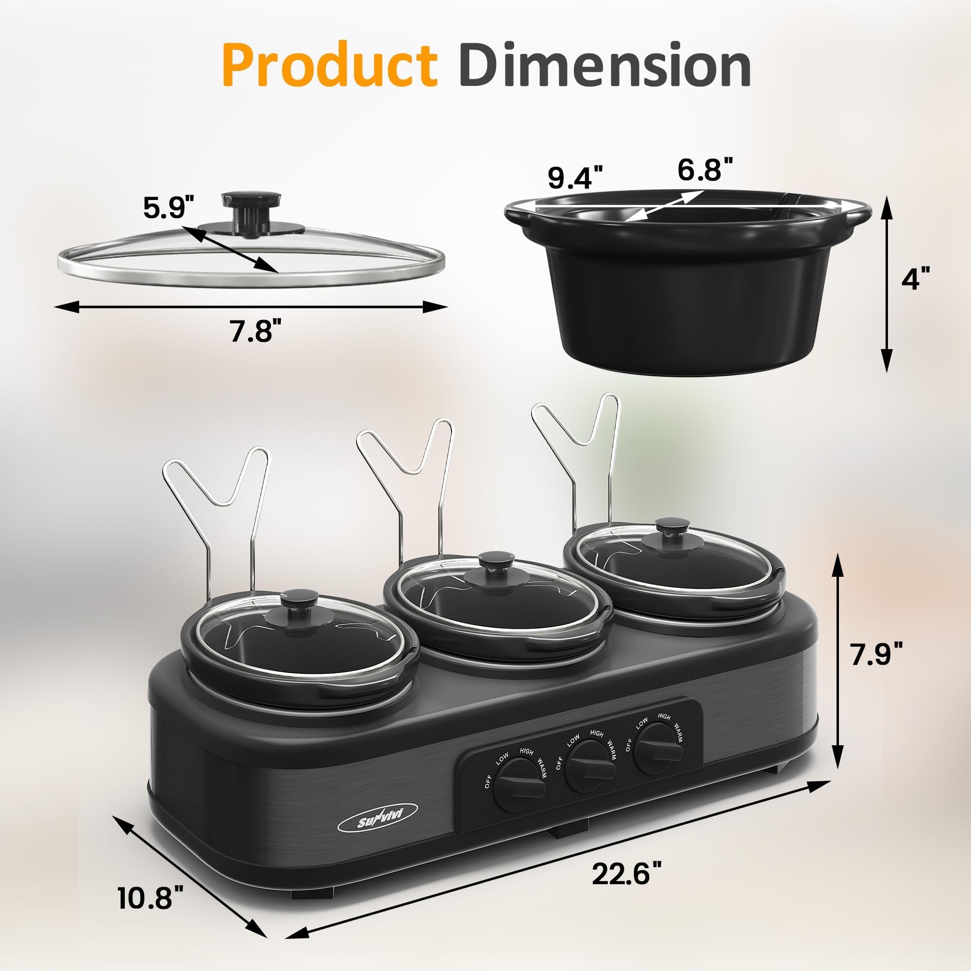 SUNVIVI Triple Slow Cooker, Buffet Food Warmer with 3 x 1.5 QT Removable Ceramic Pots, Buffet Servers and Warmers with Glass Lids and 3 Spoons, Stainless Steel, Blue