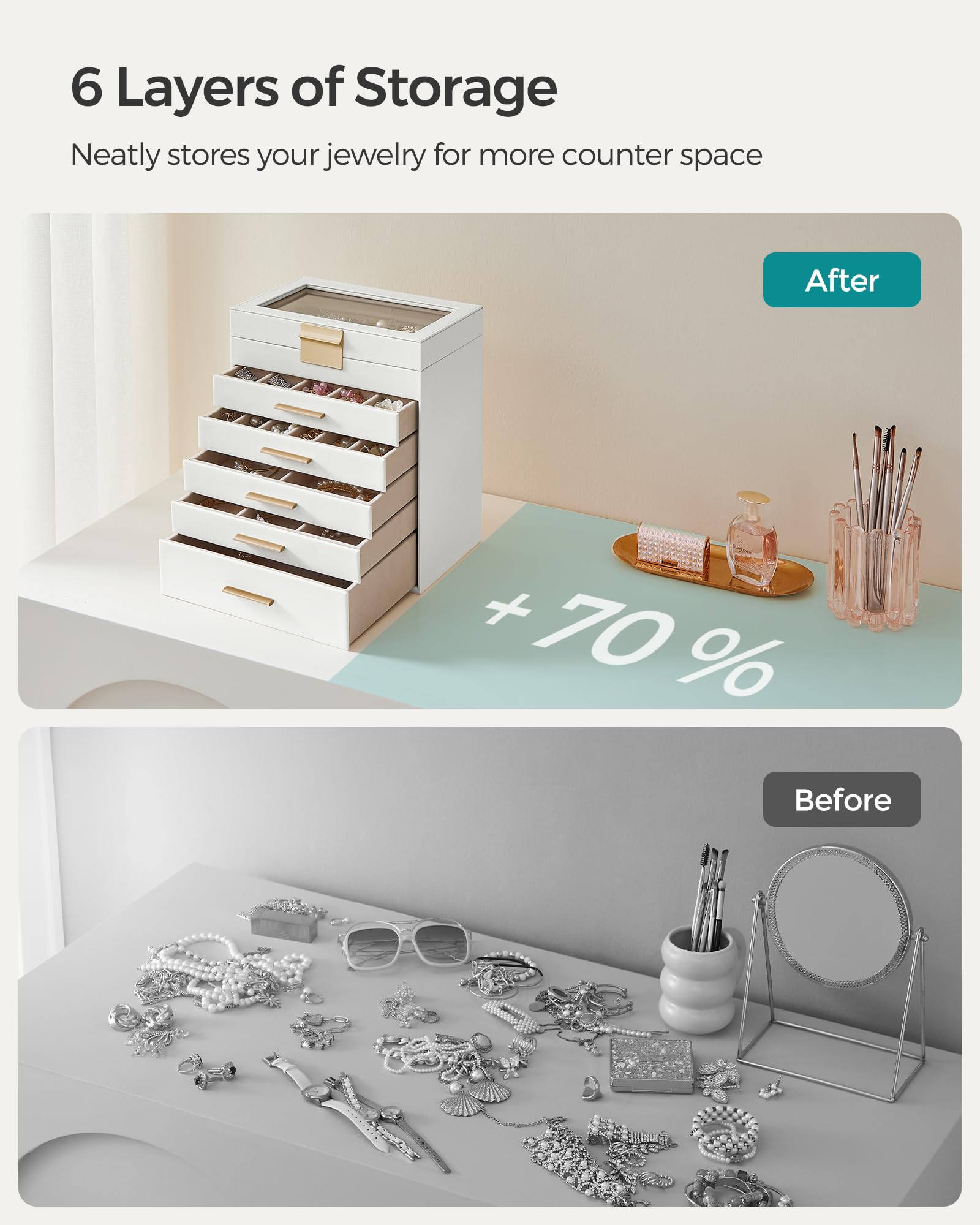 SONGMICS GISELLA Collection - Jewelry Box Organizer, 3-Layer Jewelry Storage with 2 Drawers, Shiny Metal Hardware, Glass Lid, Modern, 8 x 9.1 x 5.3 Inches, Cloud White and Gold Color UJBC239WT