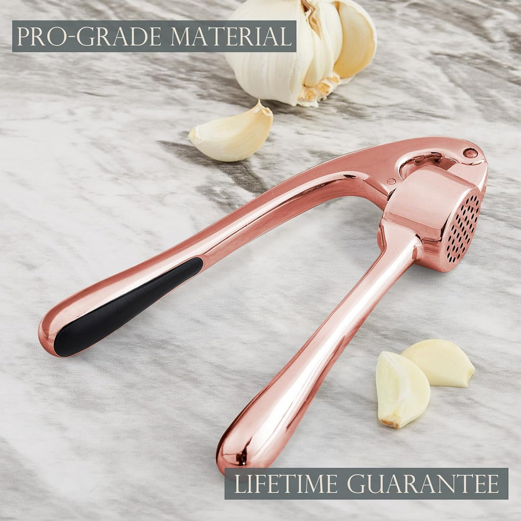 Kitessensu High Effective Premium Garlic Press Set, With Silicone Garlic Peeler & Brush, Heavy Duty Garlic Mincer, Easy to Squeeze and Clean, Rust Proof & Dishwasher Safe - Rose Gold