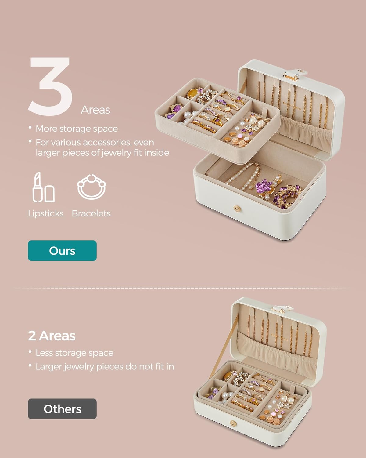 SONGMICS Jewelry Organizer Box, Travel Jewelry Case, 2-Layer Travel Case for Earrings, Necklaces, Bracelets - Portable Jewelry Storage with Large Capacity, Gift Idea, Cloud White UJBC166W01