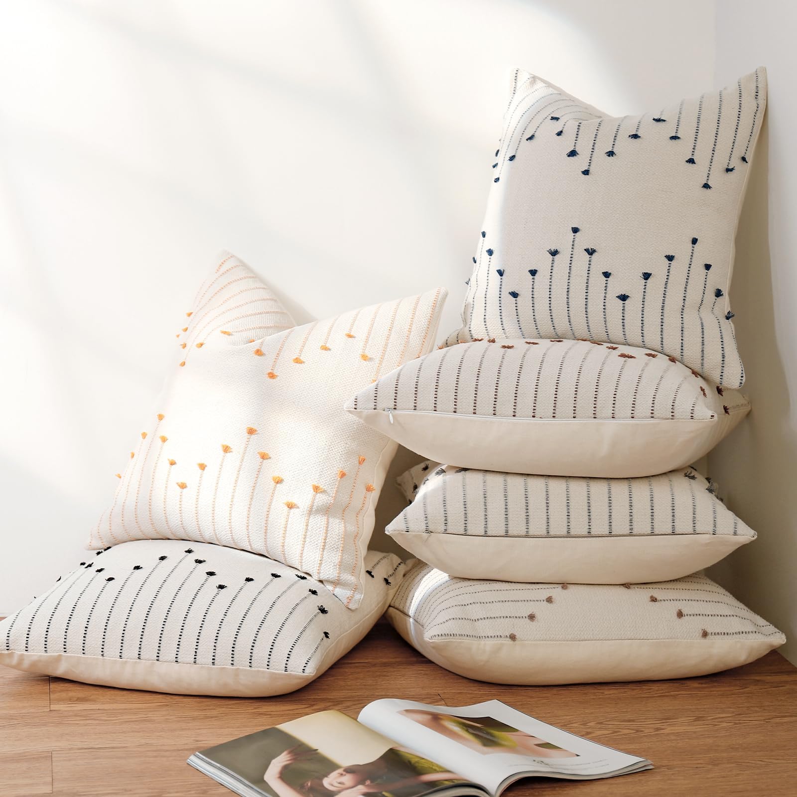 Boho Outdoor Throw Pillow Covers 18x18 Set of 2 Neutral Woven Decorative Pillowcases Cotton Tufted Couch Pillows Modern Farmhouse Cushion Covers for Sofa Couch Bed Living Room Home Decor, Navy Blue
