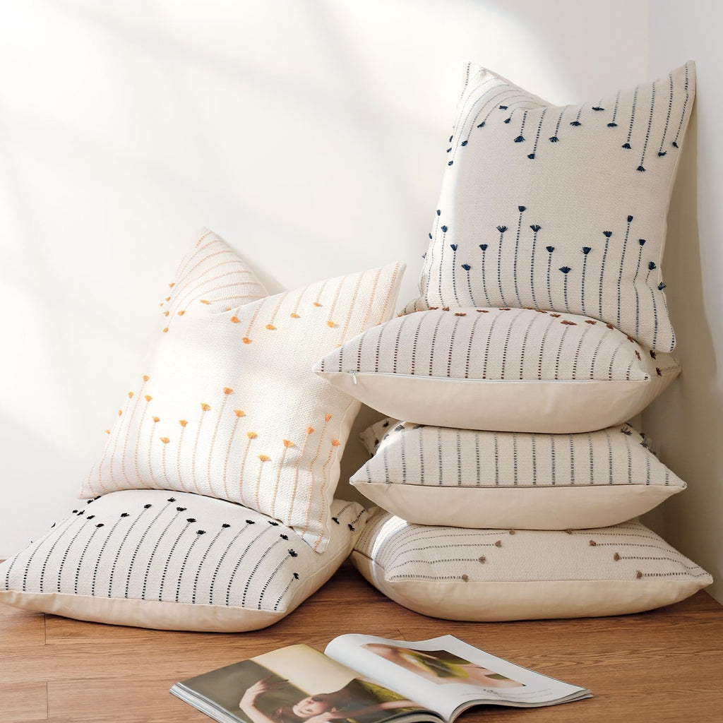 Boho Outdoor Throw Pillow Covers 18x18 Set of 2 Neutral Woven Decorative Pillowcases Cotton Tufted Couch Pillows Modern Farmhouse Cushion Covers for Sofa Couch Bed Living Room Home Decor, Navy Blue