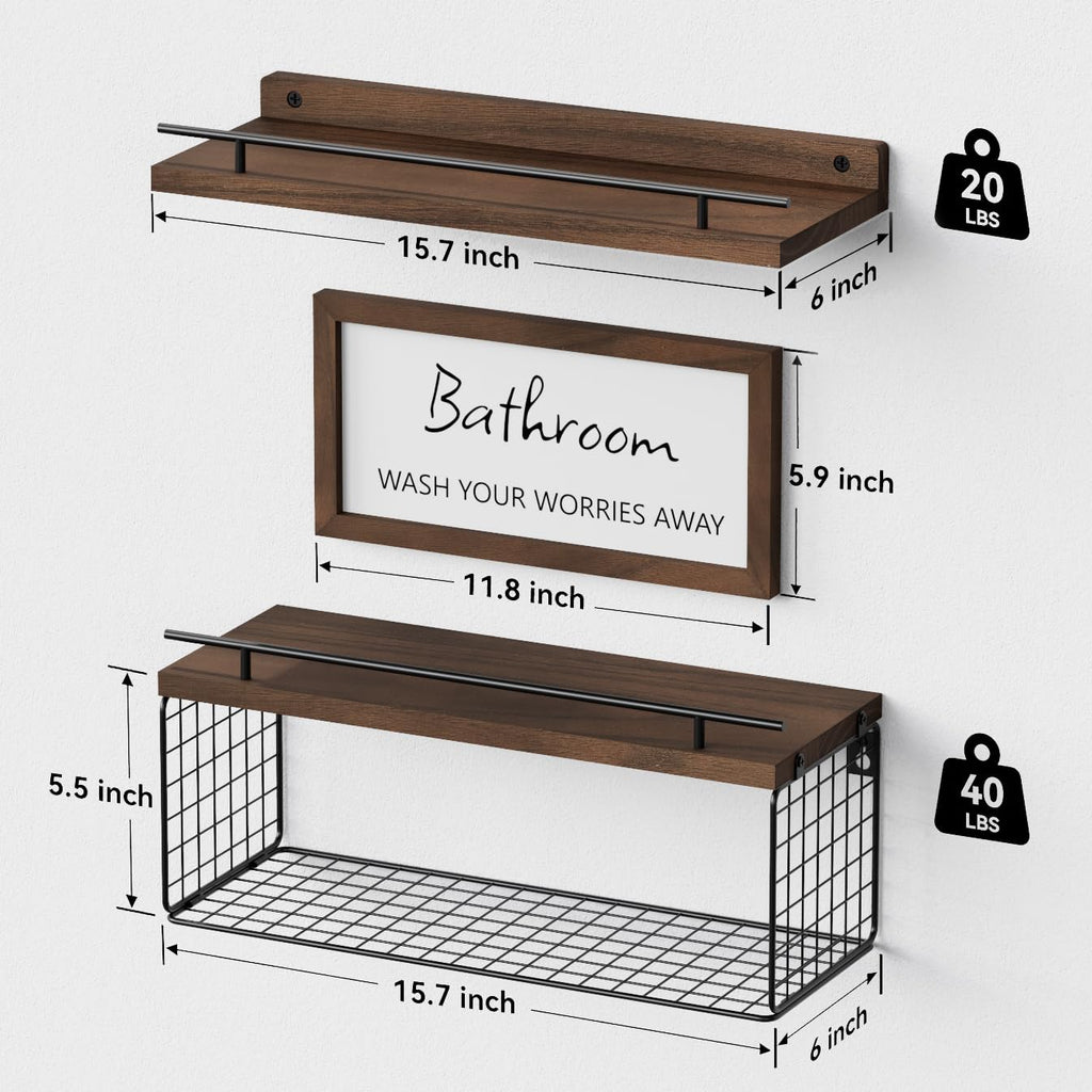 WOPITUES Floating Shelves for Wall Decor Sign, Bathroom Organizers and Storage, Bathroom Shelves Over Toilet with Metal Guardrail-Black