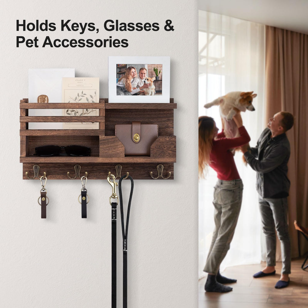 Mail and Key Holder for Wall – Decorative 15.9” x 8.7” x 3.2” Entryway Organizer with Shelf – Paulownia Wood with 4 Dual Hooks Includes Mounting Hardware and Installation Guide