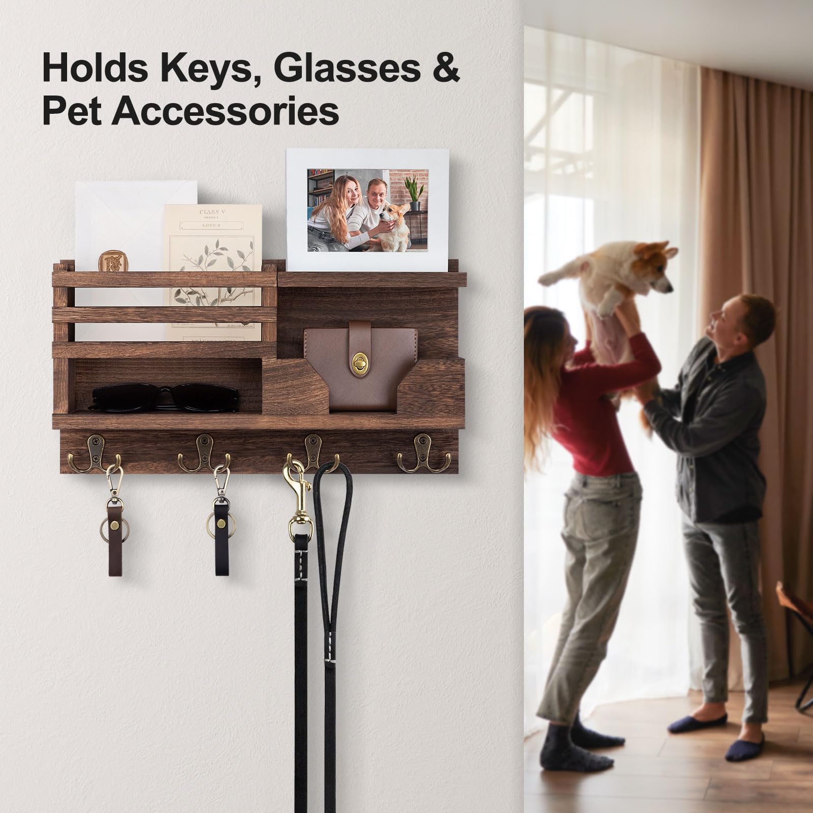 Mail and Key Holder for Wall – Decorative 15.9” x 8.7” x 3.2” Entryway Organizer with Shelf – Paulownia Wood with 4 Dual Hooks Includes Mounting Hardware and Installation Guide
