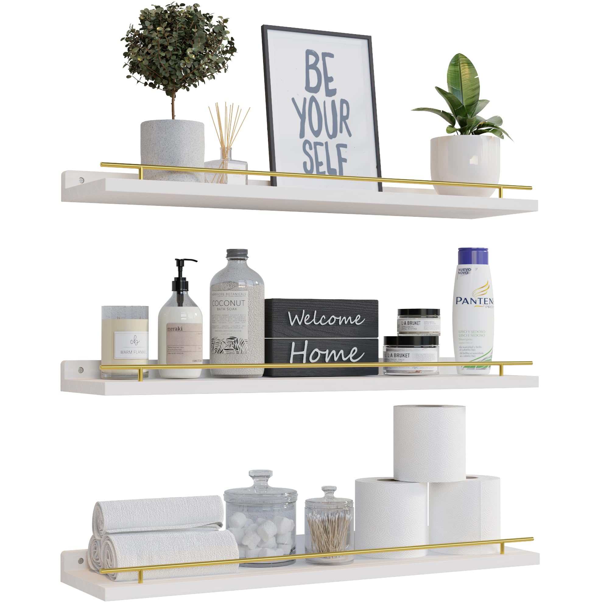 WOPITUES Floating Shelves with Black Metal Guardrail, Shelves for Wall Decor Set of 3, Wall Shelves for Bedroom, Bathroom, Kitchen, Living Room, Plants, Picture Frames, Art- Black
