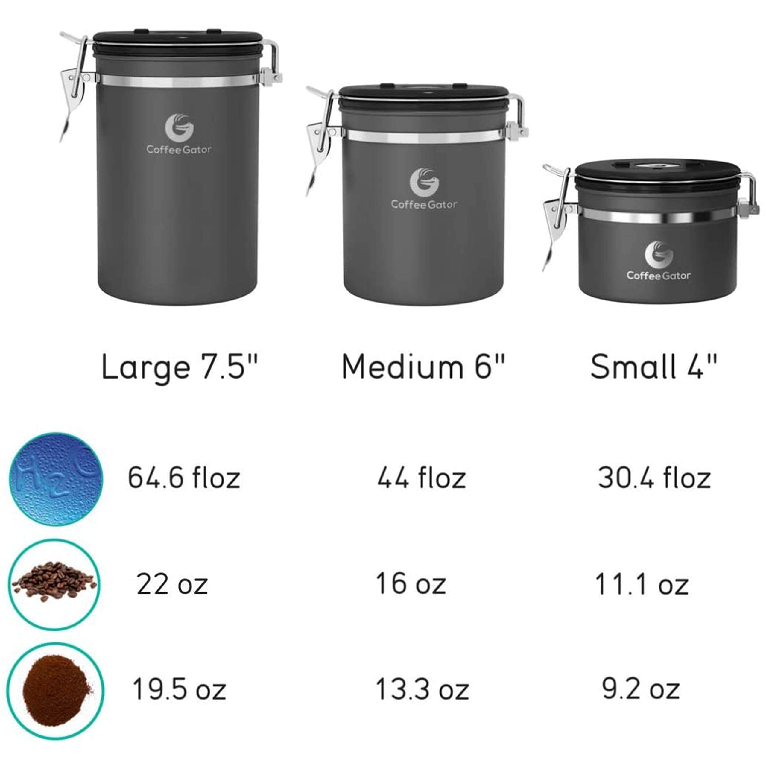 Coffee Gator Stainless Steel Canister - Medium 16oz, Gray Coffee Grounds and Beans Container with Date-Tracker, CO2-Release Valve, and Measuring Scoop - Ideal Coffee Lovers Gifts