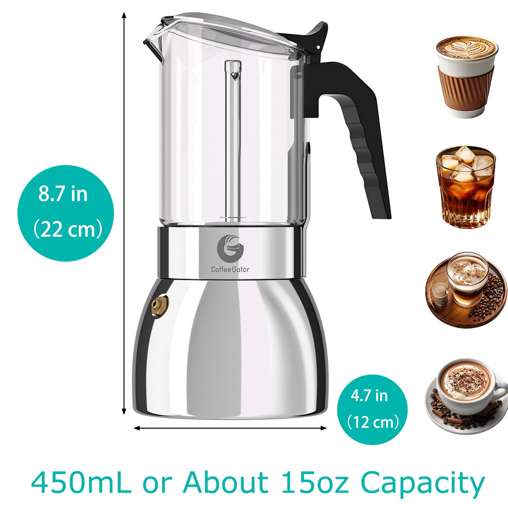 Coffee Gator Moka Pot - 6 Cup, 12oz Stovetop Espresso Maker - Classic Italian and Cuban Coffee Percolator w/ 2 Stainless-Steel Cups – Matte Grey Aluminum, 360ml