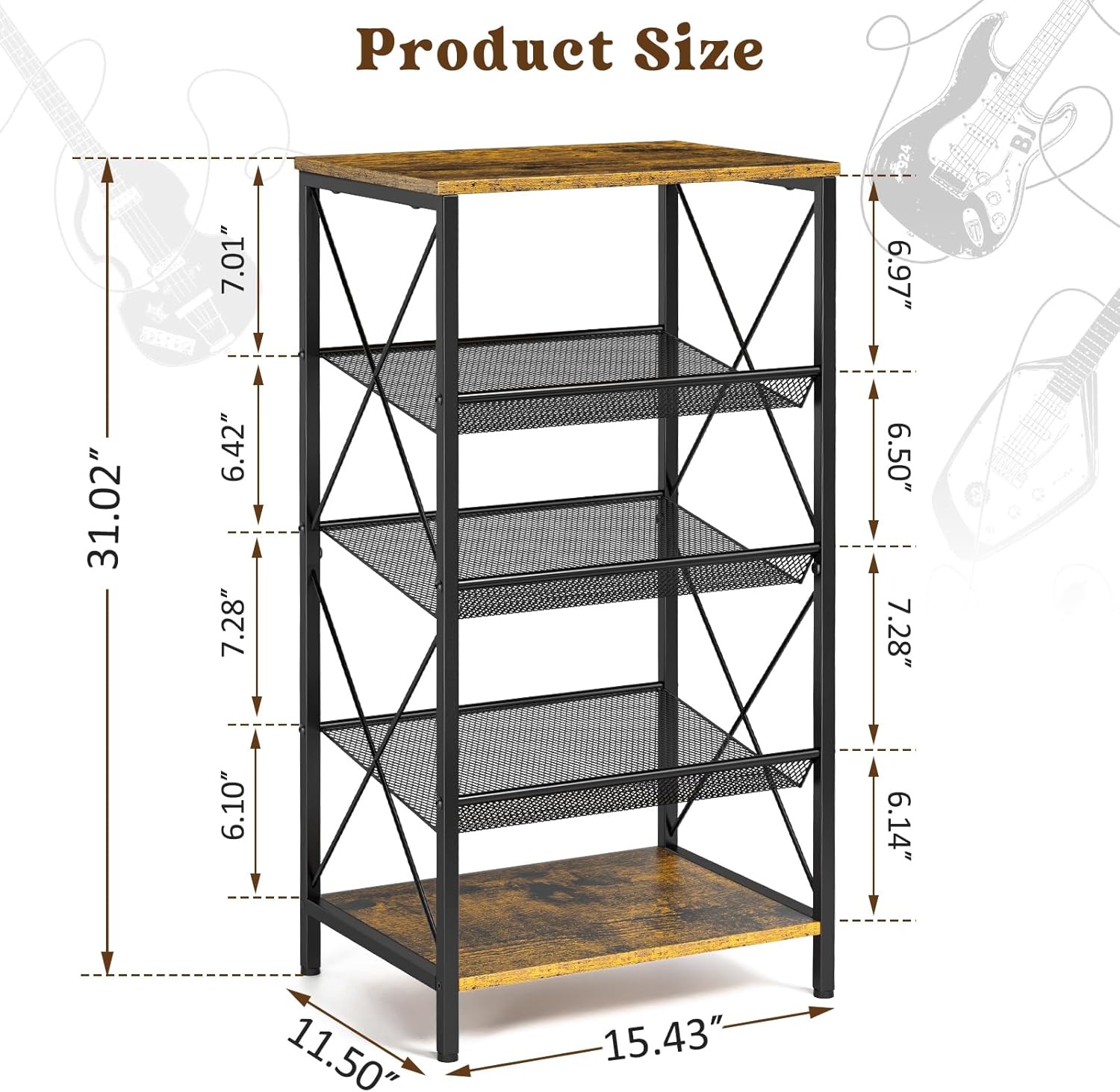 ThreeHio Guitar Pedal Organizer, 5 Tier Tuner Pedal Storage Shelf, Vintage Pedal Board Holder Stand, Freestanding Wooden Music Tuning Accessories Organization for Bass Guitar Ukulele Violin