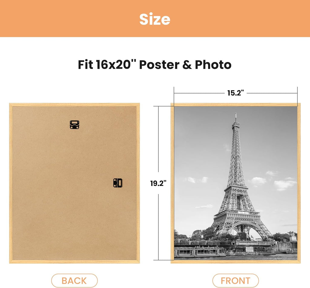 upsimples 16x20 Picture Frame Natural 3 Pack, Scratch-Proof Poster Frames 16 x 20 for Photo Gallery - Slide-In Strips, Horizontal or Vertical Wall Mounting