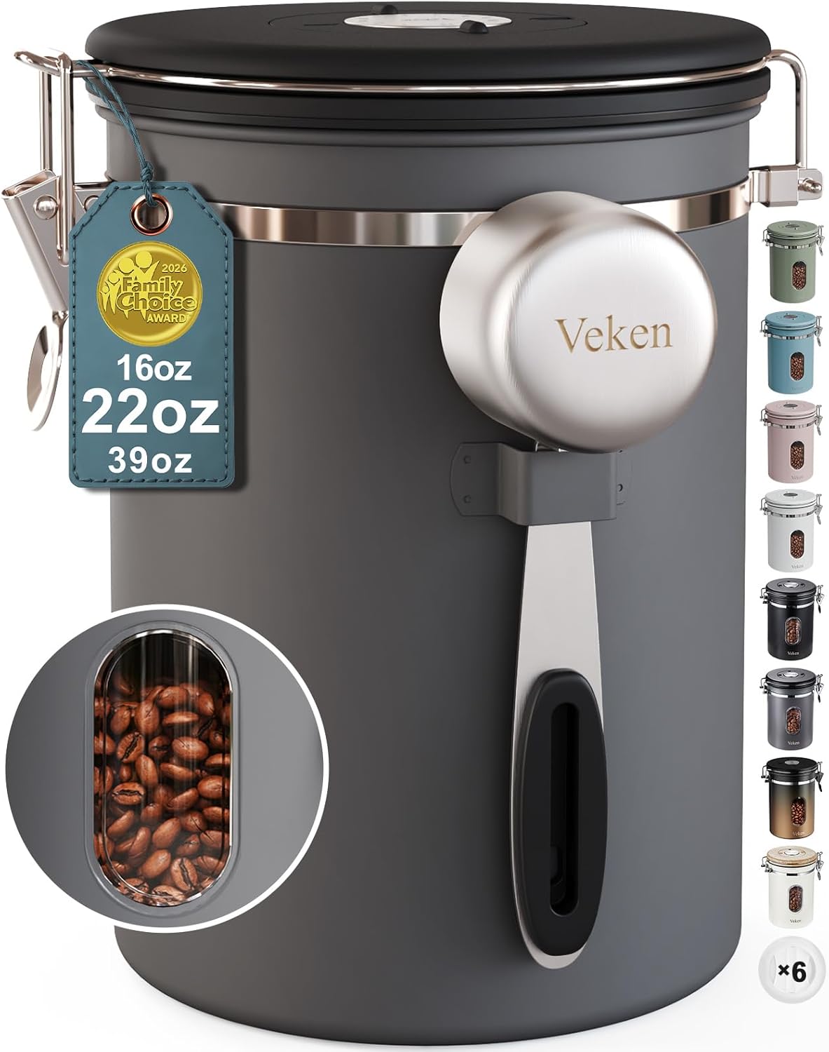 Veken Coffee Canister with Window,Airtight Stainless Steel Kitchen Food Storage Container, Date Tracker & Scoop for Grounds Coffee, Beans, Tea,Flour,Cereal,Sugar,22OZ,Copper