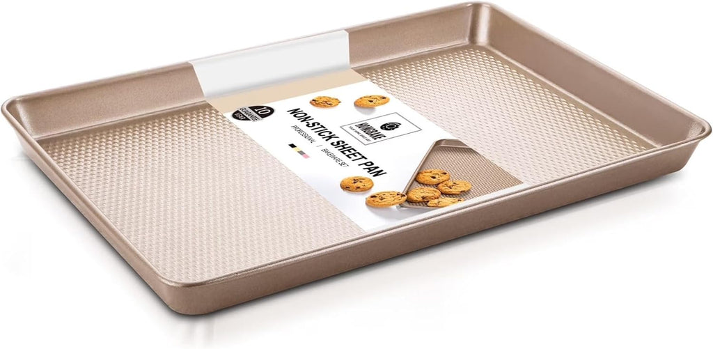 HONGBAKE Half Baking Sheet Pan with Diamond Texture, Non Stick Cookie Sheet for Baking, Heavy Duty Non Toxic Baking Pan for Oven, 17.6" x 12" Baking Trays, Gold