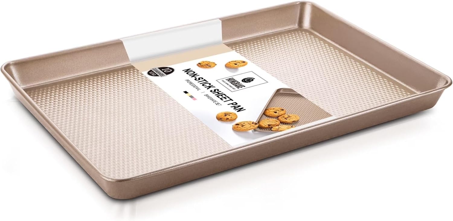 HONGBAKE Half Baking Sheet Pan with Diamond Texture, Non Stick Cookie Sheet for Baking, Heavy Duty Non Toxic Baking Pan for Oven, 17.6" x 12" Baking Trays, Gold