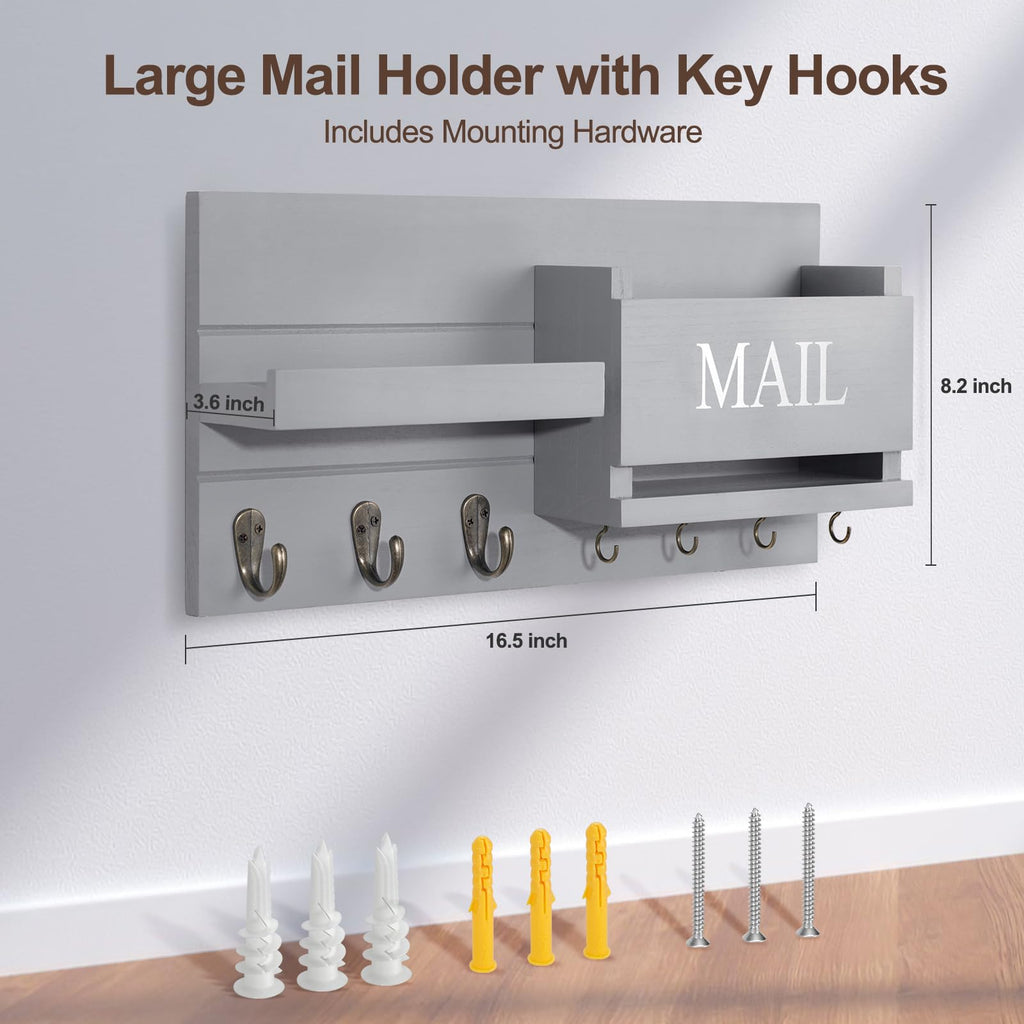 Mail Organizer for Wall Mount – Key Holder with Shelf Includes Letter Holder and Hooks for Hallway Farmhouse Decor – Rustic Wood with Flush Mounting Hardware (16.5” x 9.1” x 3.4”) (White)