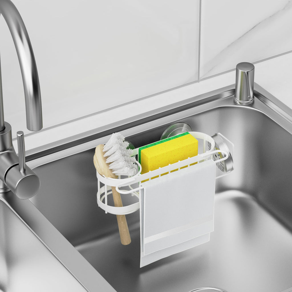 Cisily Organizador de Fregadero de Cocina con Soporte para Esponja en el Fregadero, Organizador de Fregadero de Cocina de Acero Inoxidable, Soporte para Cepillo, Percha para Paños de Platos, Soporte