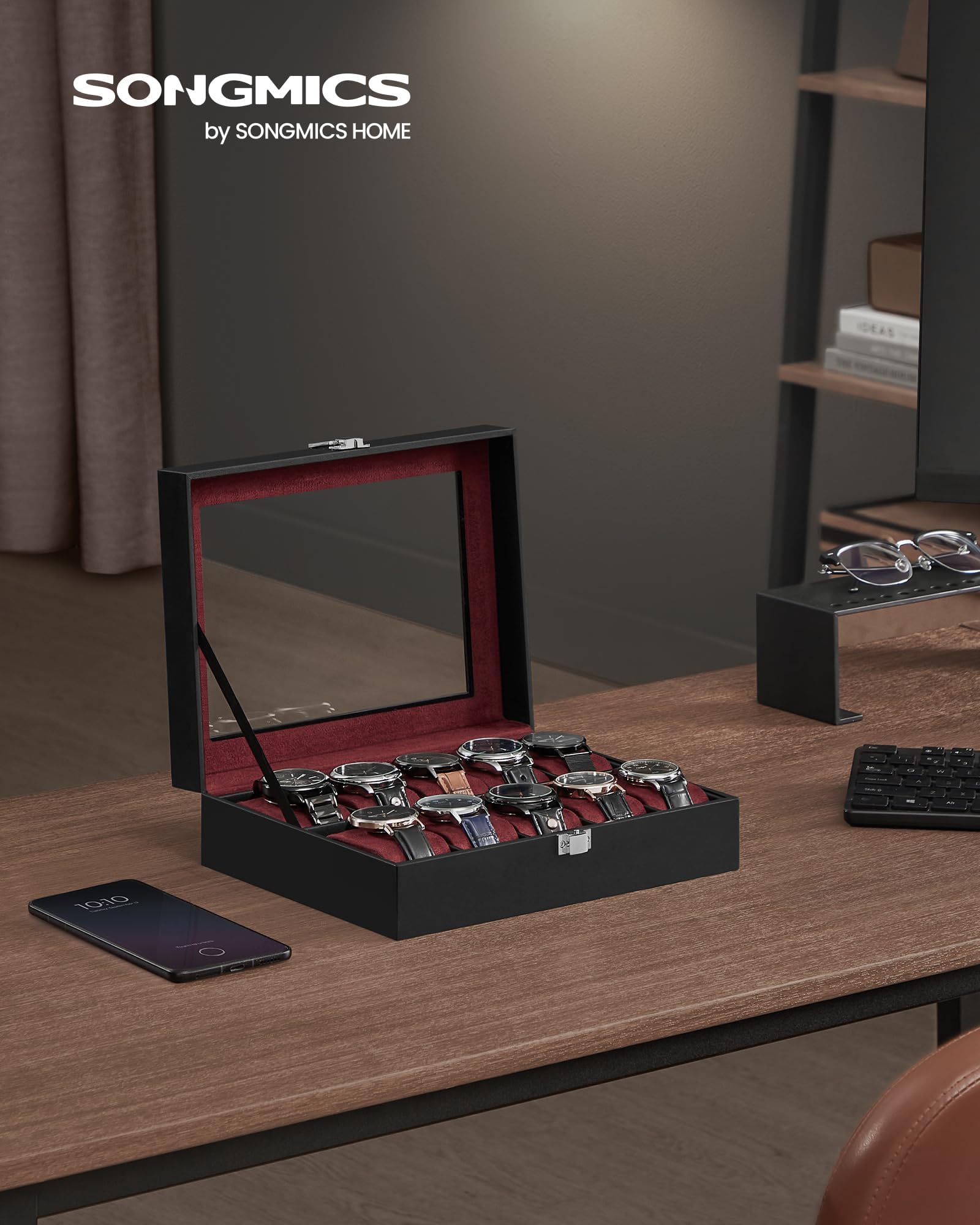 SONGMICS Watch Box, 12-Slot Watch Case Organizer with Large Glass Lid, Removable Pillows, Gift for Loved Ones, Black Synthetic Leather, Gray Lining UJWB12BK
