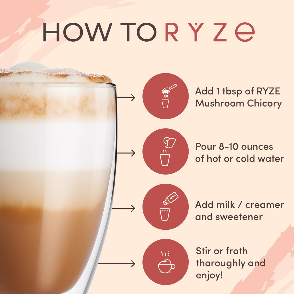 RYZE SUPERFOODS Mushroom Medium Roast Coffee USDA Organic with 6 Adaptogenic Mushrooms, USA Grown Instant Coffee for Better Energy, Focus Digestion Immunity with Lions Mane & Turkey Tail 30 Servings