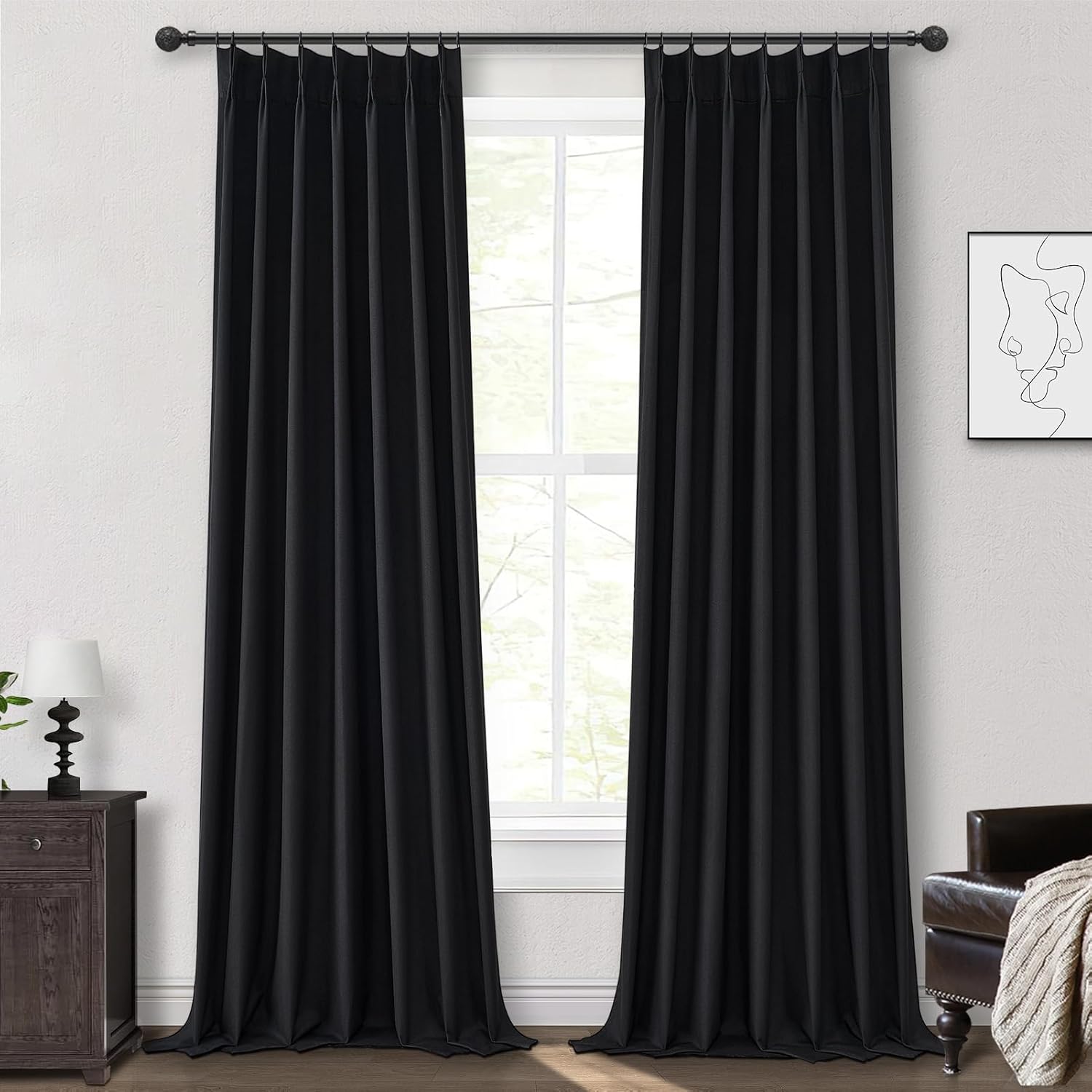 Natural Linen Pinch Pleated Blackout Curtains & Drapes 96 Inch Long Bedroom/Livingroom Farmhouse Curtains 2 Panel Sets, Neutral Track Room Darkening Thermal Insulated 8ft Back Tab Window Curtain