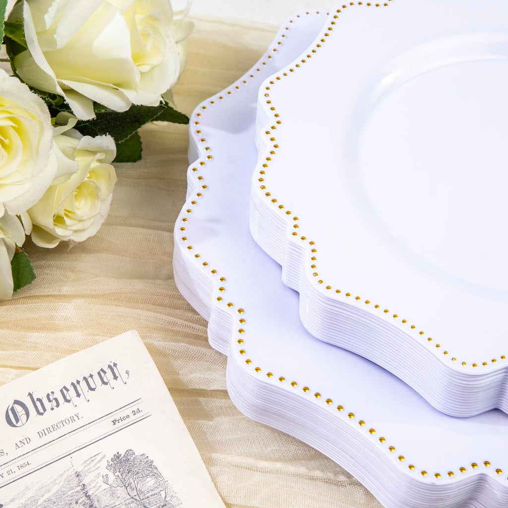 COLOSUS 60PCS White Plastic Plates for 30 guests-Fancy Plastic Beaded Plates,Plastic Plates for Party, Elegant White plates,Include 30 PCS 10.5" Dinner plates & 30PCS 8.25" Dessert plates for easter
