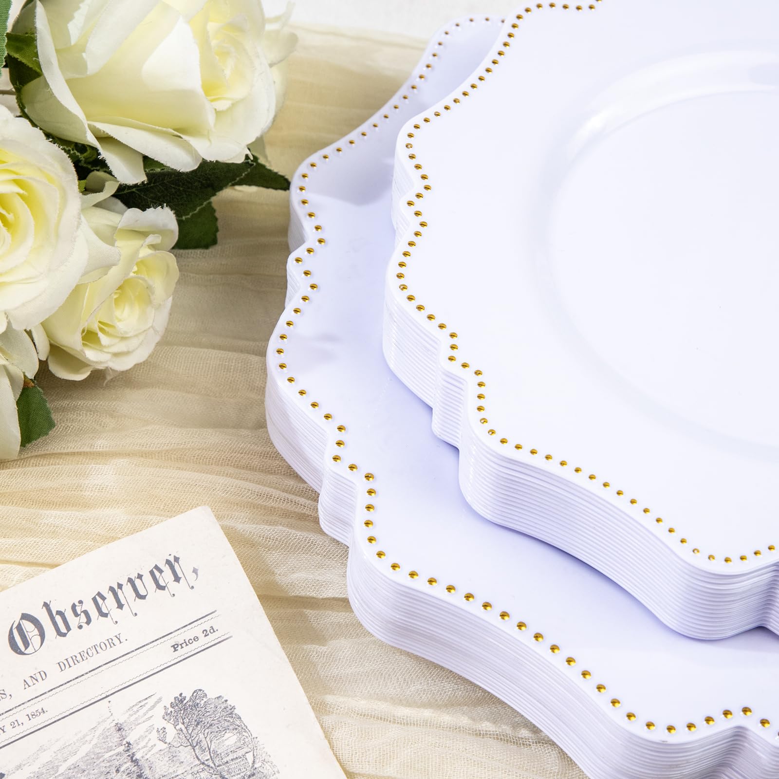 COLOSUS 60PCS White Plastic Plates for 30 guests-Fancy Plastic Beaded Plates,Plastic Plates for Party, Elegant White plates,Include 30 PCS 10.5" Dinner plates & 30PCS 8.25" Dessert plates for easter