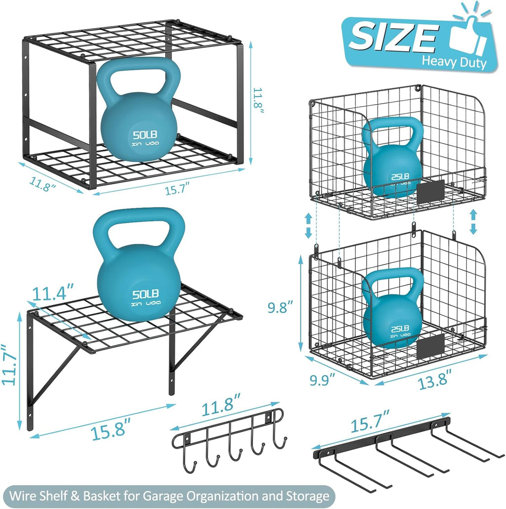 ThreeHio Garage Shelf Wall Mounted with Wire baskets, Heavy Duty Garage Wall Shelving with Garden Tool Rack and Hooks, Wire Shelf Baskets Tool Organizer for Home Garden Yard Organization and Storage