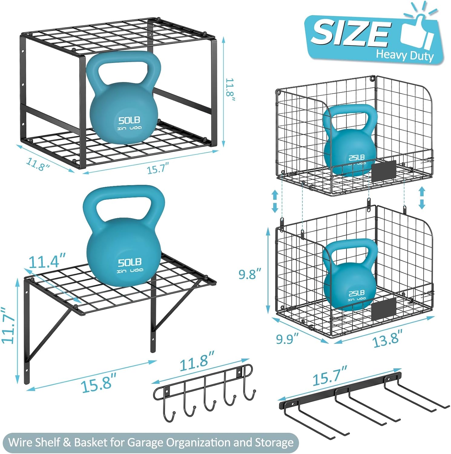 ThreeHio Garage Shelf Wall Mounted with Wire baskets, Heavy Duty Garage Wall Shelving with Garden Tool Rack and Hooks, Wire Shelf Baskets Tool Organizer for Home Garden Yard Organization and Storage