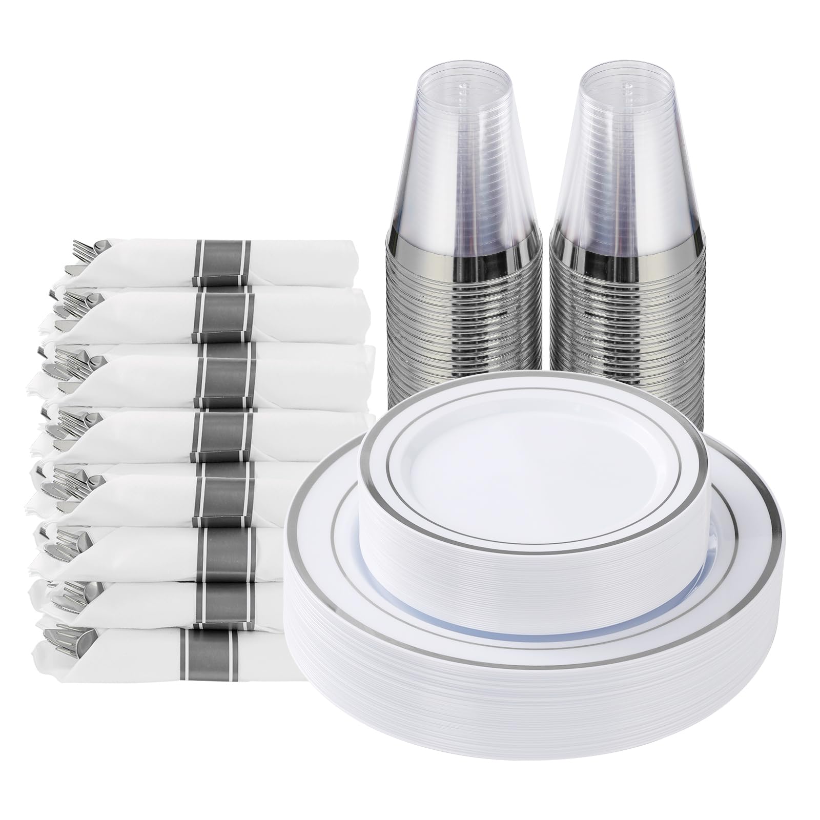 Goodluck 350 Piece Silver Plastic Dinnerware Set for 50 Guests, Fancy Disposable Plates for Party, Include: 50 Dinner Plates, 50 Dessert Plates, 50 Pre Rolled Napkins with Silver Silverware, 50 Cups