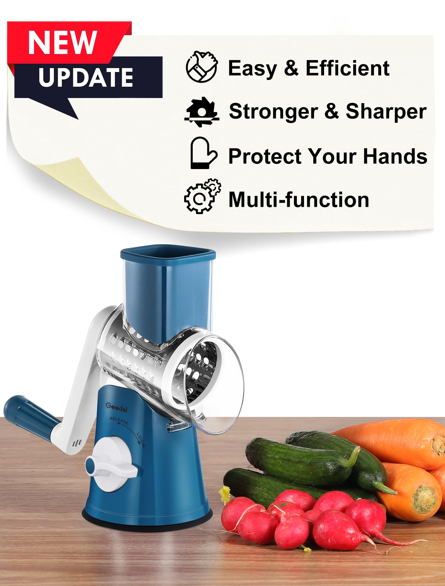 Geedel Rotary Cheese Grater, Kitchen Mandoline Vegetable Slicer with 3 Interchangeable Blades, Easy to Clean Rotary Grater Slicer for Fruit, Vegetables, Nuts